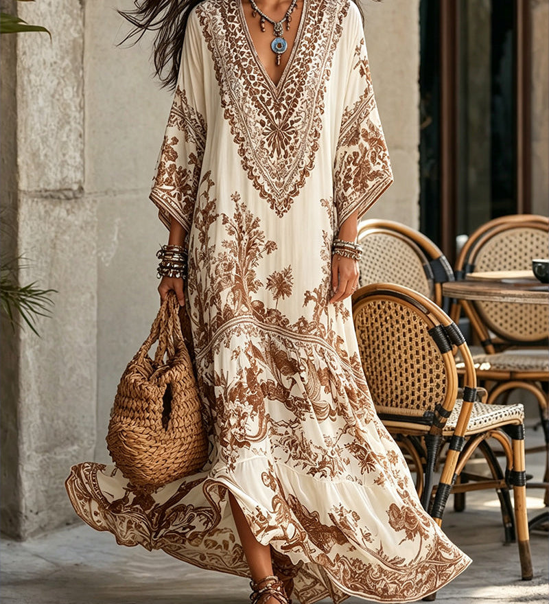 Boho haljina širokog kroja s V-izrezom i asimetričnim detaljima