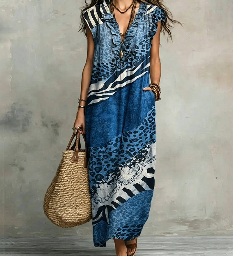 Haljina s V-izrezom, volanima i patchwork motivom