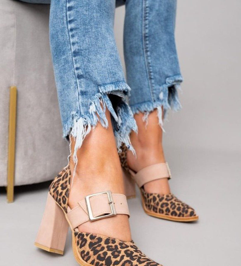 Selena | Sandale od brušene kože s leopard uzorkom i stabilnom petom